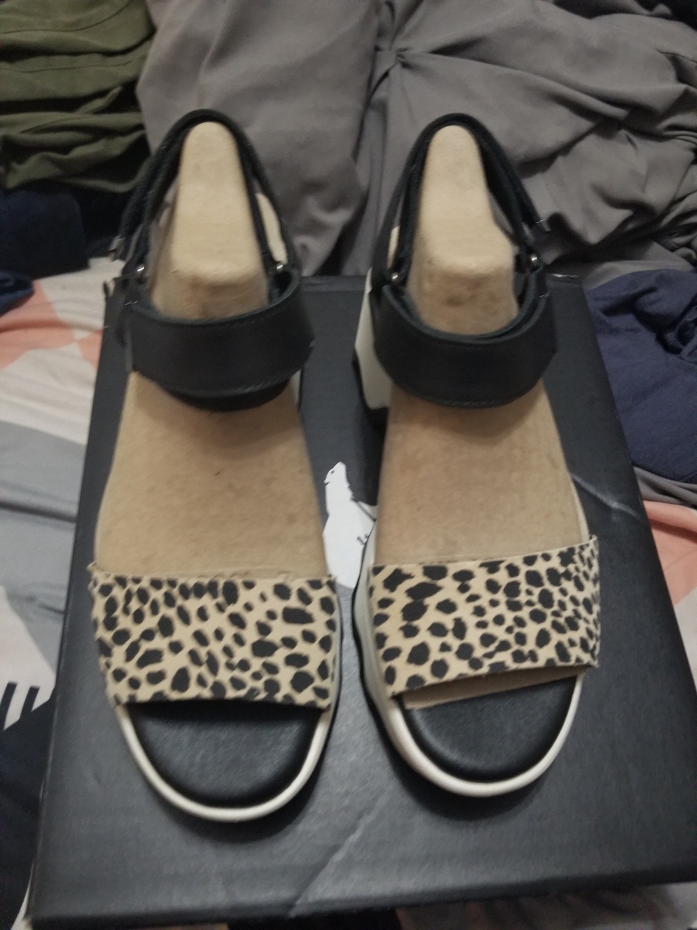 Sorel Black and Beige Leopard Platform Sandals - Picture 2 of 3